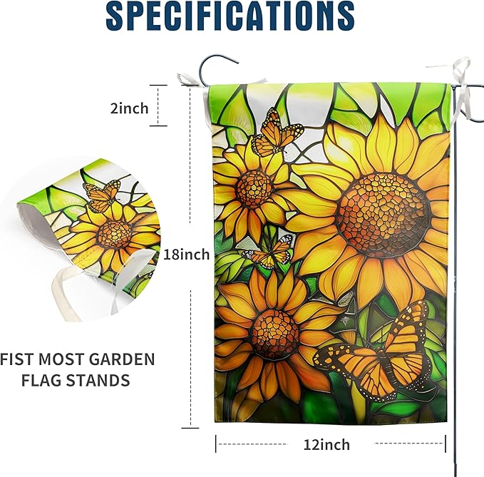 Stained Glass Sunflower Garden Flags Spring Summer Flags for Outside 12x18 Double Sided Small Floral Monarch Butterfly Yard Flag for Outdoor Lawn Poch Decor