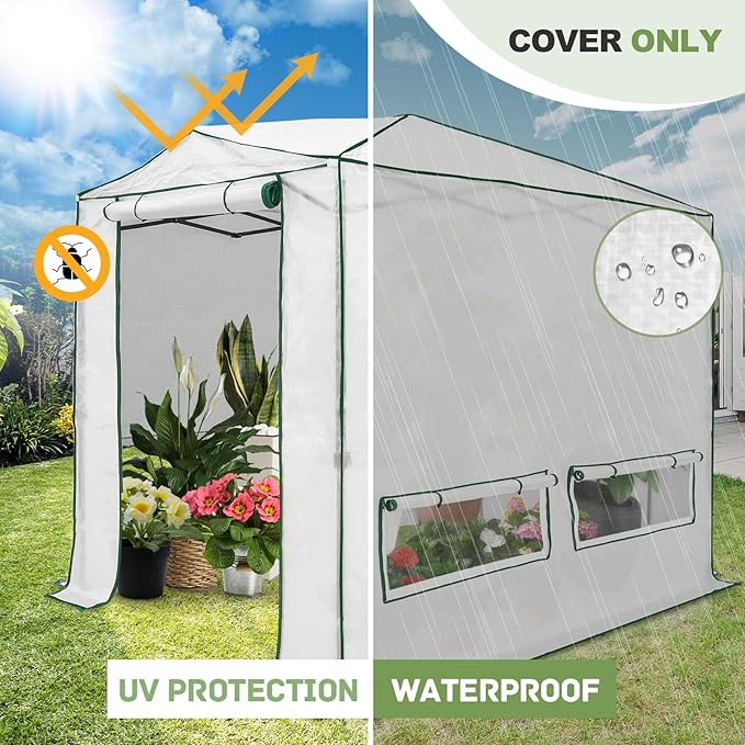 EAGLE PEAK Woven Replacement Cover for 8x6 Portable Walk-in Pop up Greenhouse, Front and Rear Roll-Up Zipper Entry Doors and 4 Roll-Up Side Windows (Frame Not Included), White