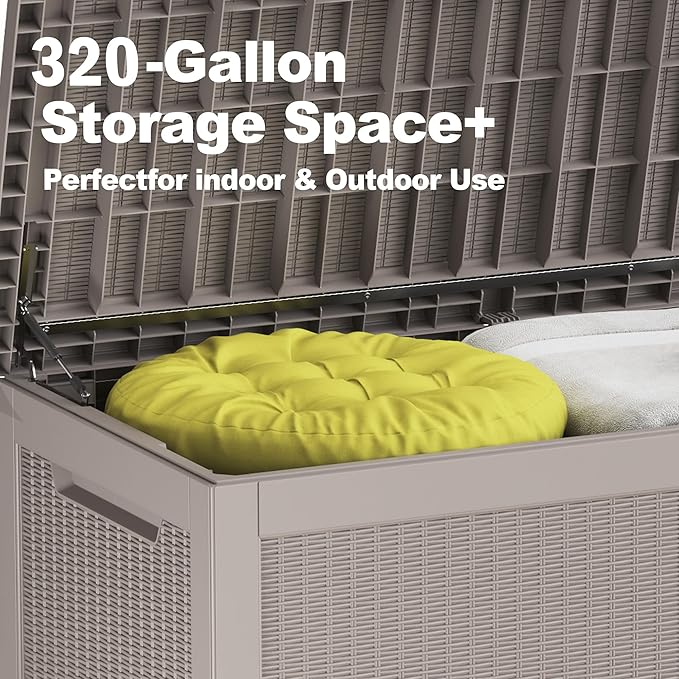 320 Gallon Deck Box, Resin Outdoor Indoor Waterproof Storage Box, Lockable Storage Box With Handle for Patio Furniture - Garden Tools - Swimming Pool Tools UV-Resistant, Brown