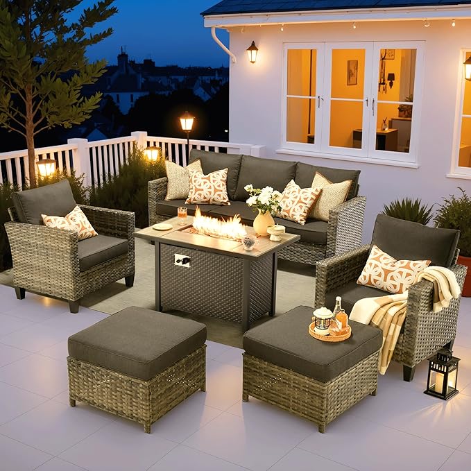ovios Patio Furniture Set, 6 Pieces Outdoor Wicker Sofa Couch with Fire Pit Table, Ottomans and Comfy Cushions, All Weather High Back Rattan Conversation Set, Black