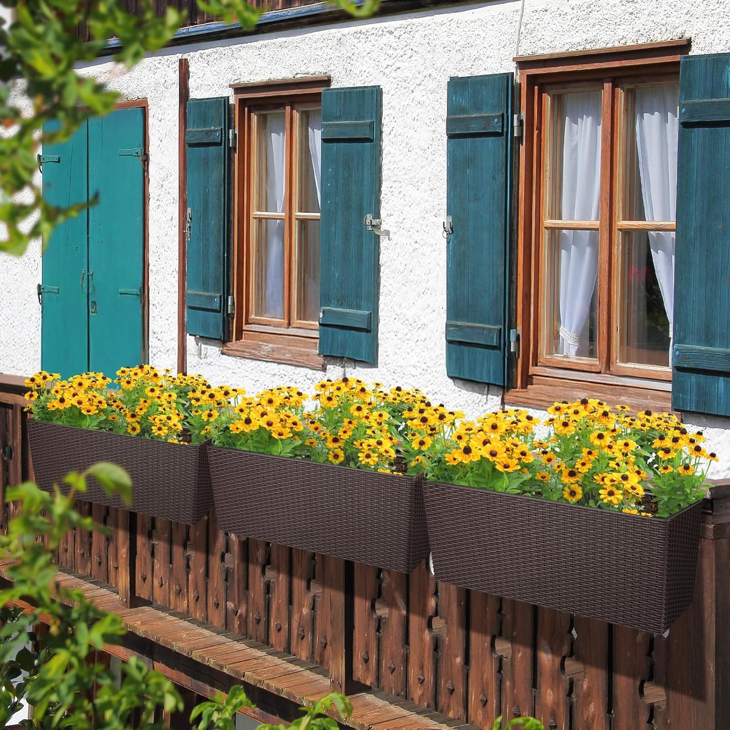 Aoodor 4Pcs 19.5" Rectangular Window Box Wall Mount/Railing Planter, Self-Watering Planter with Adjustable Bracket, for Fence, Balcony, Patio, and Outdoor Decor - Coffee