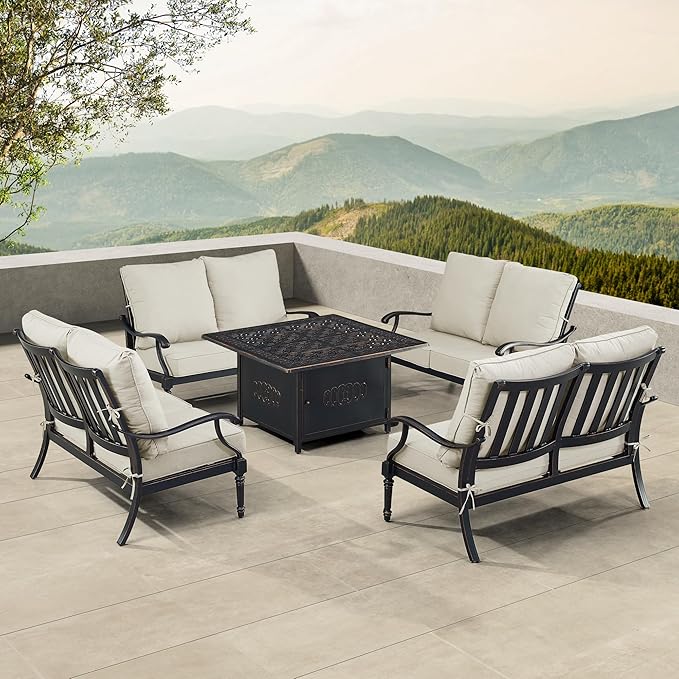 Oakland Living Black Aluminum Patio Fire Table Set with Four Deep Seating Loveseat with Cushions with Light Grey Cushions