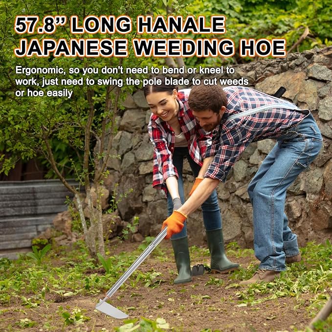 Japanese Weeding Sickle Hoe,57.8''Stainless Steel Standing Weeding Tool,Angular Weed Sickle Garden Tool with Long Handle Adjustable,Japanese Garden Tools for Weeding and Planting