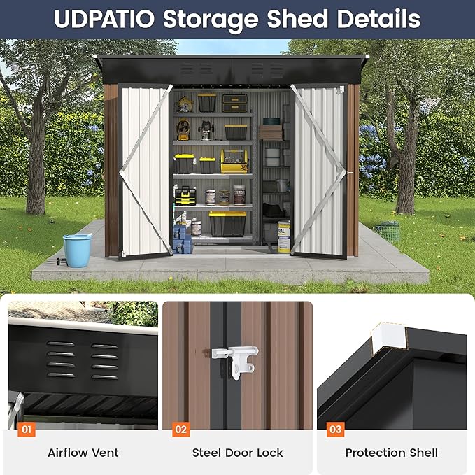 UDPATIO Outdoor Storage Shed 8x4 FT, Outside Sheds & Outdoor Storage Metal Galvanized Steel Yard, Patio, Lawn, Tool Shed with Lockable Door for Can, Bike, Lawnmower, Generator,Brown
