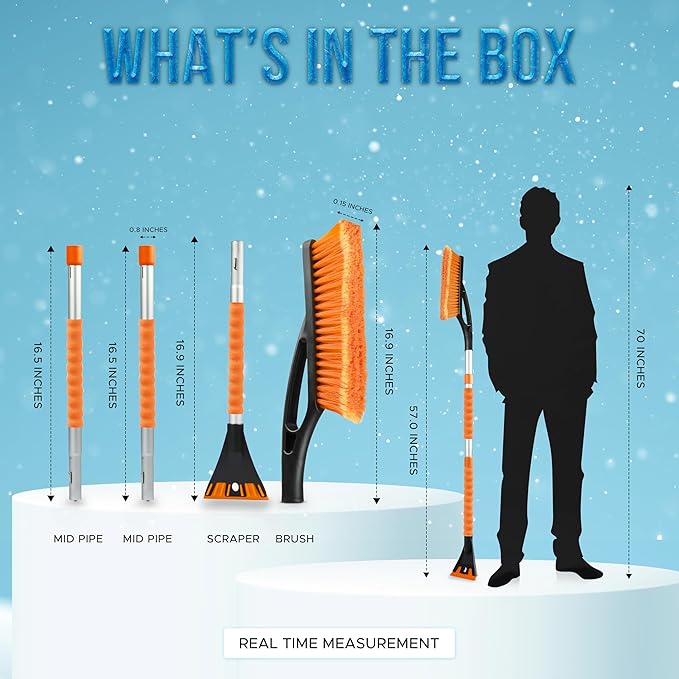 EcoNour 57" Detachable Snow Brush with Ice Scraper for Car Windshield and Window | 4-in-1 Design, Scratch-Free Bristles, EVA Foam Grip | Perfect Snow Accessories for SUVs, Trucks, and Jeeps