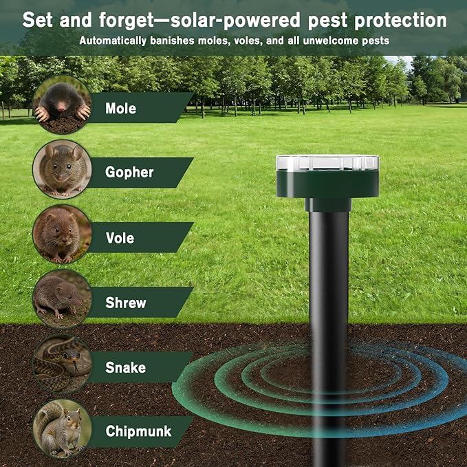 Mole Repellent 10 Pieces,Solar Powered Mouse Repellent Waterproof Rodent Gopher Repellent,360° Mouse Control Outdoor Mole Repeller for Garden Yard & Patio,Green