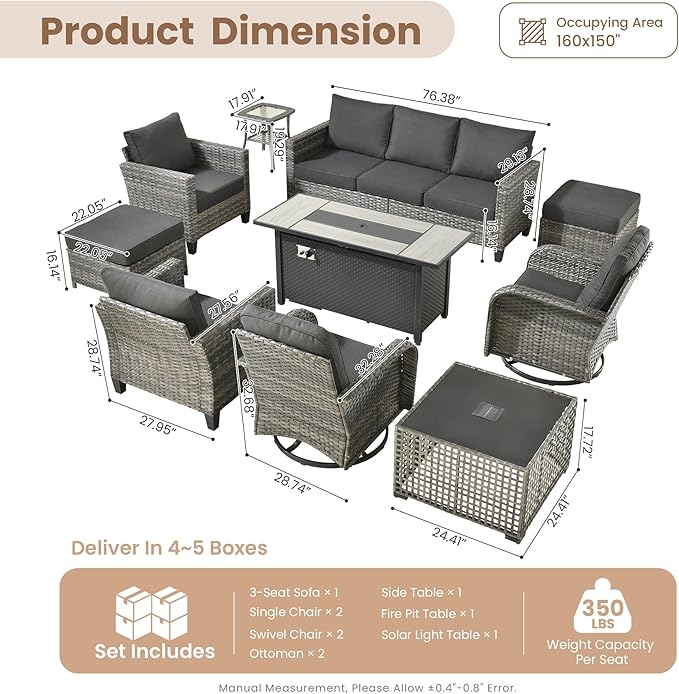 HOOOWOOO Outdoor Patio Furniture Set,10 Pieces Wicker Conversation Set,All Weather Couch Set with Fire Pit Solar Light Table Swivel Chairs Ottoman 9 Seaters for Out Door Yard(Black)