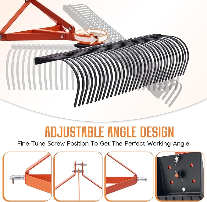Specraft 3 Point Tow Behind Rake, 60" Adjustable Angle with 32 Steel Tines, Lawn Dethatcher Landscape Rake with Attachments for Field, Yard Cleanup