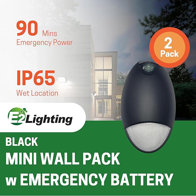 Mini Wall Pack Emergency Lights, LED Emergency Lights with Battery Backup, 12W Outdoor Emergency Light with 90mins Power, Photocell Sensor, IP65, Wet Resistant, 2 Pack, Black