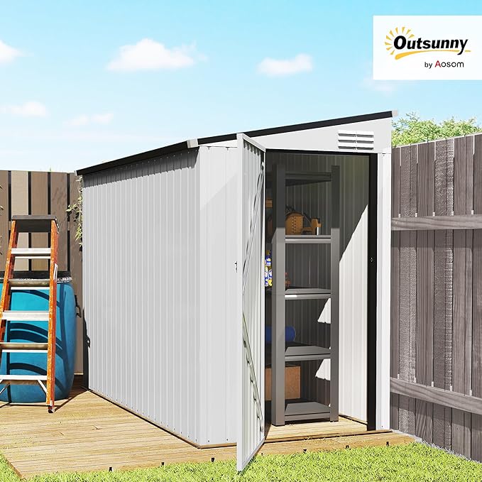 Outsunny 4' x 8' Metal Outdoor Storage Shed, Lean to Storage Shed, Garden Tool Storage House with Lockable Door and 2 Air Vents for Backyard, Patio, Lawn, White