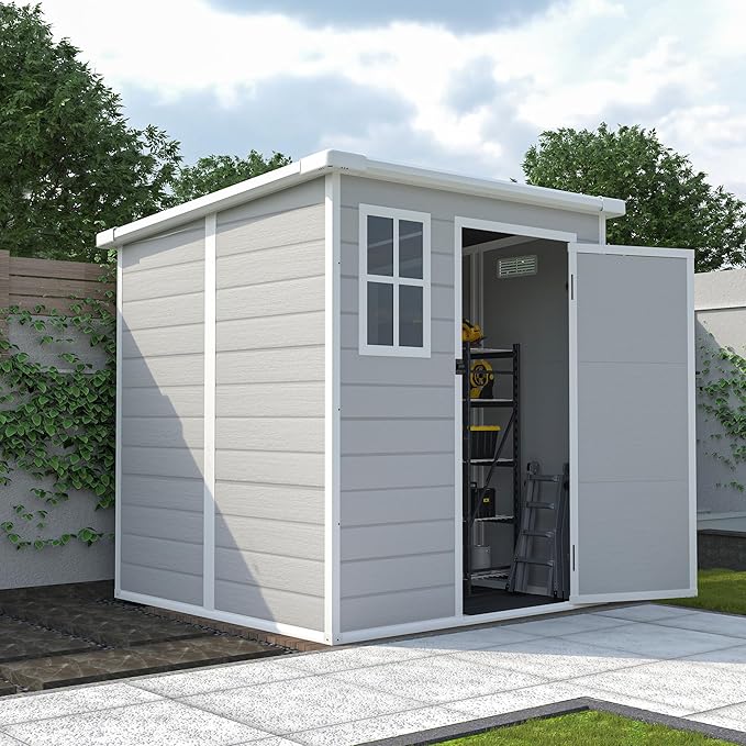 6x6 FT Storage Shed Garden House with Lockable Doors and Vents Waterproof Resin Outdoor Tool Cabinet W/Floor & Window,for Bicycles,Lawnmowers,Lawn,All Weather Use,Gray