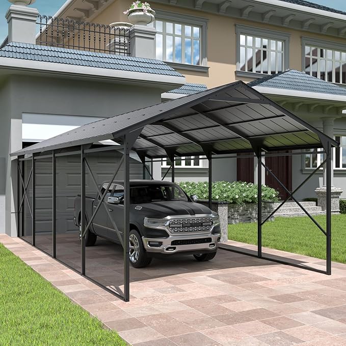 12X22FT Metal Carport Outdoor Carport Canopy Heavy Galvanized Garage Car Shelter with Enhanced Base and Roof, Duty Garage Shelter for Cars Boats Pickups Trucks