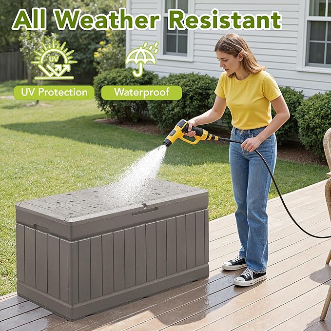 Devoko 78 Gallon Deck Box, Waterproof Resin Outdoor Storage Box for Outside and Patio, Outdoor Storage Bench Lockable for Patio Furniture, Garden Tools and Pool Supplies (Light Brown, 78 Gallon)