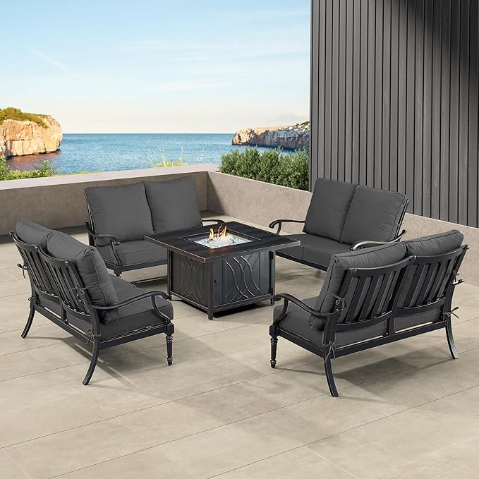 Oakland Living Black Aluminum Patio Fire Table Set with Four Deep Seating Loveseat with Cushions with Black Cushions