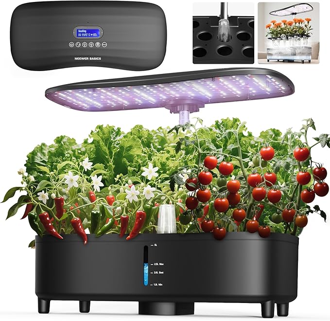 NEEWER Basics Silent Aeroponics Growing System Kit, Hydroponics with Atomization Tech LED Grow Light 3 Modes 15 Seed Pods Timer LCD, Indoor Gardening Plant Food Vegetable Herb Garden Planter, HGS02