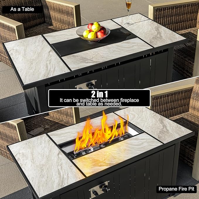 47" Propane Fire Pit Table with Real Ceramic Tabletop, 50000 BTU Gas Firepit Table with Lid & Glass Rock, Outdoor Fire Pit for Dining or Party, Firepit for Outside, Patio