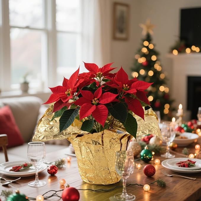 Adnee 2 Roll 10 Yard Floral Foil Plant Pot Covers,Matte Texture Christmas Plant Pot Foil,Golden Floral Pot Wrapping Paper for Christmas Home Flower Pot DIY decor