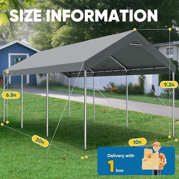 Quictent 10x20 ft Heavy Duty Carport Canopy Galvanized Car Tent Outdoor Garage Boat Shelter with Reinforced Structure, with Hanging Edge - Gray