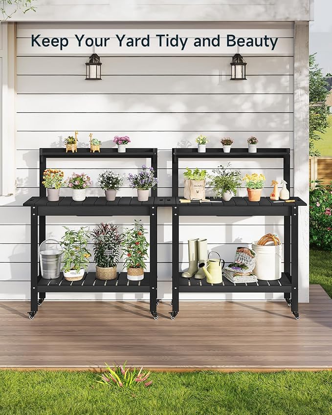 HDPS Outdoor Potting Bench with Sliding Tabletop/ 4 Wheels/Removable Sink, All-Weather Outside Garden Work Table, No Rust/Fade/Break, Potting Station for Porch, Patio & Backyard (Black)