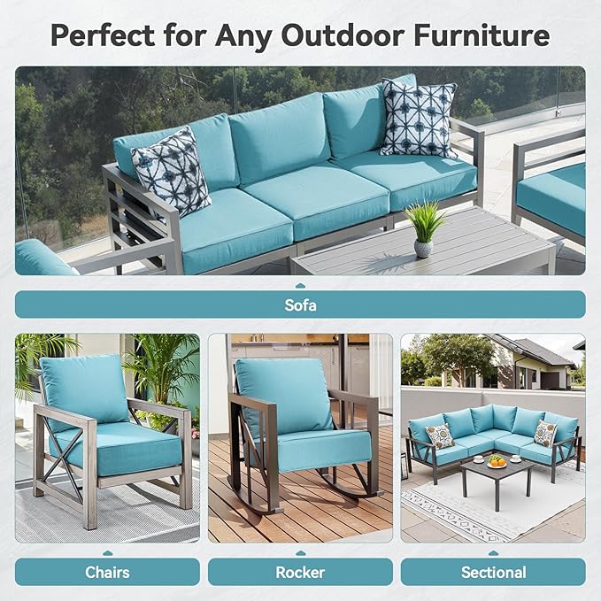 Luxury 6" Outdoor Cushions for Patio Furniture, 24x24x6 Thick Seat Cushion Set, Fade Resistant Couch Chair Replacement Cushions High Density Deep Wicker Chair Cushion with Removable Cover, Teal