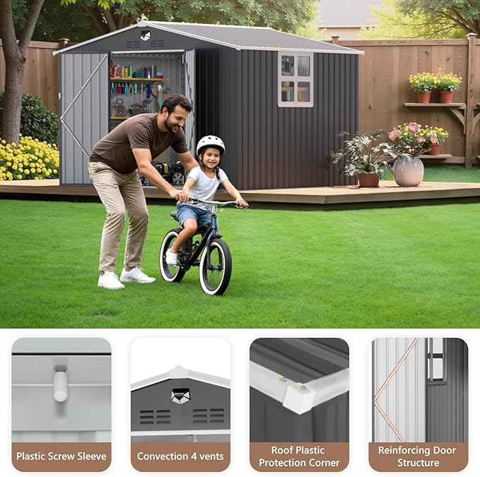 10x8 FT Outdoor Storage Shed, Metal Garden Shed - Tool Storage Sheds with Lockable Doors & 1 Clear Window, Waterproof Outside Storage Building for Backyard, Patio (Black; Floor Not Included)