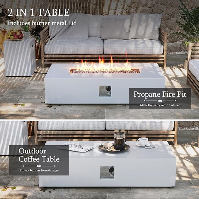 UPHA 56-inch Outdoor Propane Gas Fire Pit Table 50000 BTU Iron Rectangle Firepit for Outside Patio with Tank Hidden Table, Removable Lid, Blue Glass Rocks, Rain Cover, White