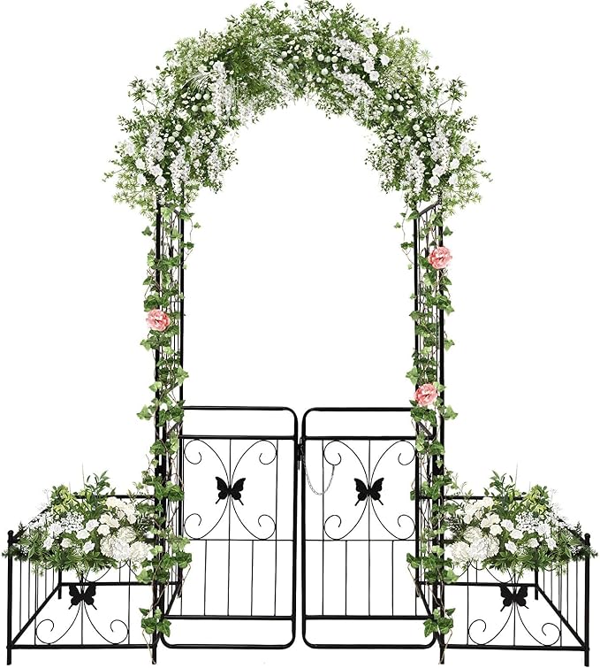 Kalolary Garden Arch with Gate and Plant Box, Heavy Duty Metal Butterfly Garden Arbor for Climbing Plant Raised Bed Rose Vines Climbing Support for Lawn Backyard Patio Outdoor Decor (86.6"x79.8"x20")