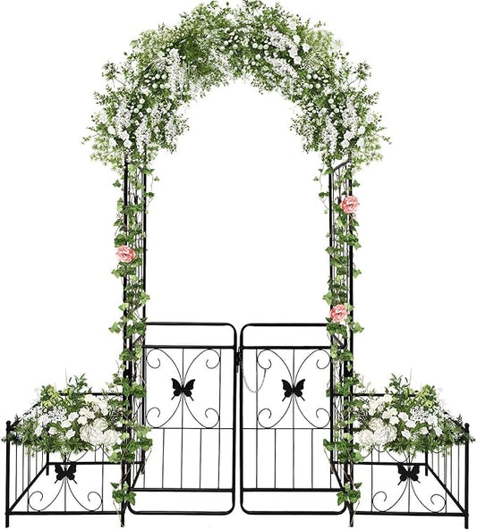 Kalolary Garden Arch with Gate and Plant Box, Heavy Duty Metal Butterfly Garden Arbor for Climbing Plant Raised Bed Rose Vines Climbing Support for Lawn Backyard Patio Outdoor Decor (86.6"x79.8"x20")