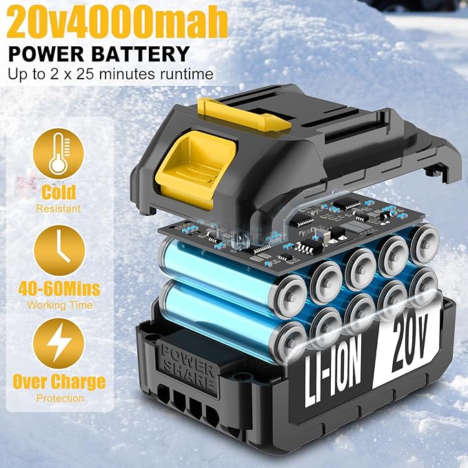 Cordless Electric Snow Shovel, Brushless 12-Inch Width | 6-Inch Depth Snow Blower, Lightweight Snow Thrower Machine, Efficient Snow Removal with Battery and Charger, 2 Batteries