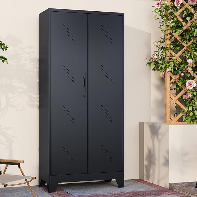 75" Outdoor Storage Cabinet – Heavy-Duty Lockable Metal Shed with Ventilated Doors, Perforated Stainless-Steel Bottom, Hanging Rod & Hooks, Easy Assembly