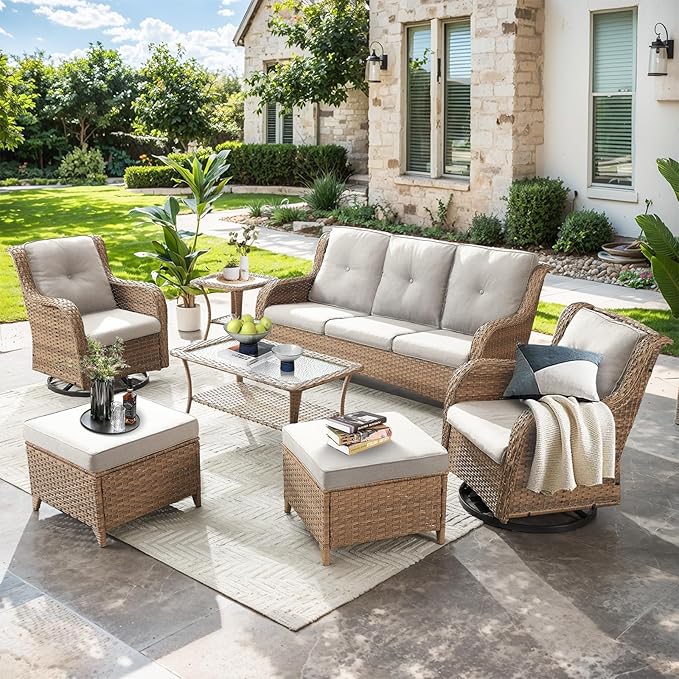 7-Piece Patio Furniture Set - All-Weather PE Wicker with Swivel Rocker Chairs, Couch, Ottomans & Tables