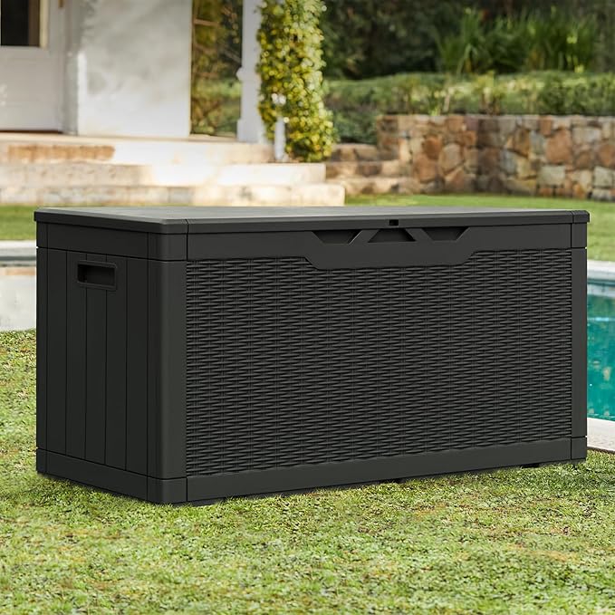 Greesum 100 Gallon Resin Patio Storage Box for Garden Tools, Outdoor Furniture Cushions, Pool Supplies, Black