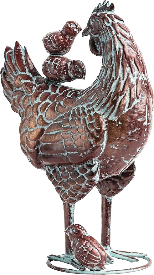 Metal Rooster & Hen with Chicks Garden Sculpture Statue Outdoor Decor Yard Art Chicken Decoration Set Garden Sculptures & Statues for Home Backyard Patio Lawn Decorations