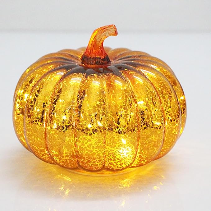 Mercury Glass Pumpkin Lights with Timer, Battery Operated Led Pumpkin Lights for Halloween Fall,Thanksgiving Rustic Decor (Gold Common, 6")