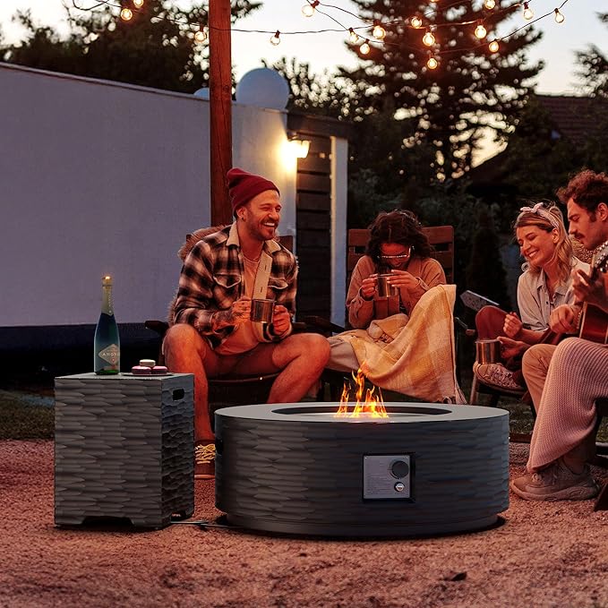 Cosiest Propane Fire Pit with Tank Cover for Outside, 35 in Round Gas Fire Pits for Outdoor Patio, CSA Certified, 50000 BTU Concrete Rectangle Base with Rain Cover, Free Lava Rocks