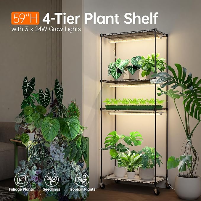 Plant Shelf with Grow Light with Timer, Plant Stand with Adjustable Rack and Wheels, 3 Pack 72W T8 2FT Full Spectrum Grow Lights for Indoor Plants, Seed Starting, Seed Tray, 23.5"x13.8"x59"