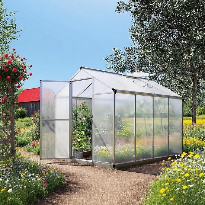 Greenhouse for Outdoors 8 x 6.25 Ft, Polycarbonate Greenhouse with Lock, Roof Windows Vent and Rain Gutter, Aluminum Large Walk-in Green Houses, for Patio Garden Backyard Outside, Silver