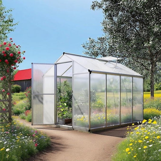 Greenhouse for Outdoors 8 x 6.25 Ft, Polycarbonate Greenhouse with Lock, Roof Windows Vent and Rain Gutter, Aluminum Large Walk-in Green Houses, for Patio Garden Backyard Outside, Silver