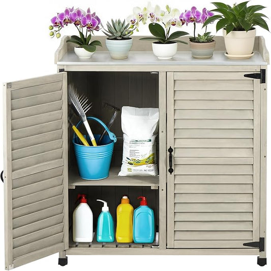 Outdoor Potting Bench with Metal Work Top,Waterproof Garden Storage Cabinet,Wooden Tool Station Shed for Backyard,Patio,Lawn Gardening