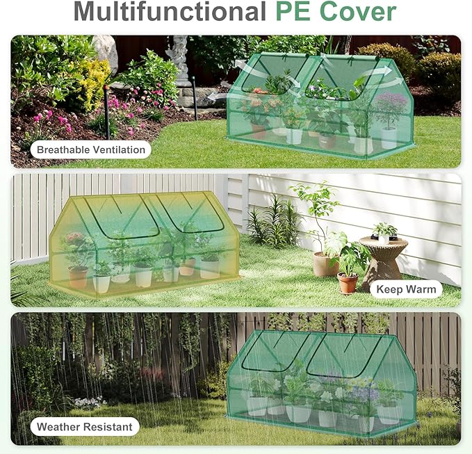 Aoodor 4 x 2 x 2 ft Mini Greenhouse with 2 Zipper Doors, Water Resistant, UV Protected for Flowers, Vegetables and Herbs, Green