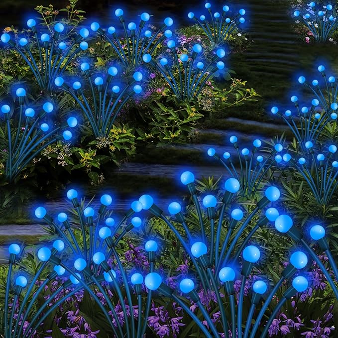 Kohlrabi Solar Garden Lights Outdoor, 6 Pack 60 LED Blue Firefly Lights Waterproof, Sway by Wind, Solar Wind Swaying Light for Yard Patio Backyard Garden Planter Flower Bed Pathway Decoration