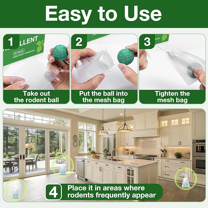 Pest Rodent Repellent, 25 Pack Peppermint Oil Mouse Traps Balls for Rat Mice, Ant, Roach, Spider, Squirrel, Insect Control Mouse Deterrent for Indoor Outdoor Use, for Garden & Home, Family & Pet Safe