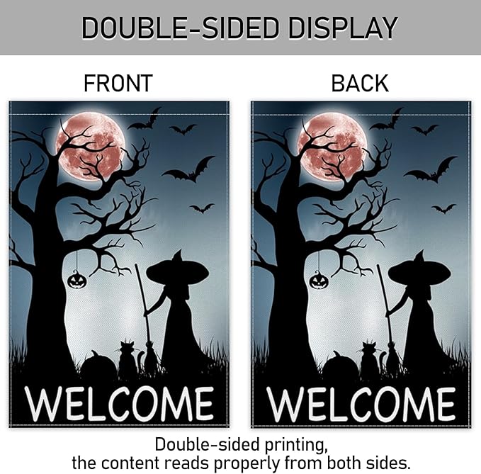 ChloropLastid Halloween Witch Garden Flags 12x18 Inch Double Sided Halloween Full Moon Night Ghost Bats Yard Garden Flags for Patio Lawn Home Outdoor Decor