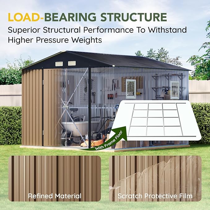 Breezz Outdoor Storage Shed 10 x 10ft. Utility Tool Shed Metal Storage Garden Shed with Lockable Doors, Windows & Metal Frame Floor for Patio Storage,Brown