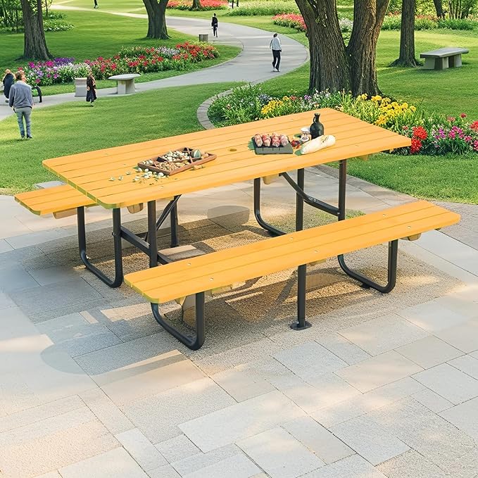 Outdoor Picnic Table with Benches, 6 - Person Picnic Table, Wooden Patio Dining Set, 1.97'' Umbrella Hole, Waterproof and Rounded Corners Design for Backyard, Garden, Park, Restaurant, Picnic, Yellow