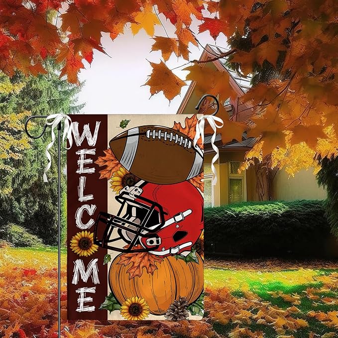 Fall Football Garden Flag Pumpkin Welcome Burlap Yard Flag Autumn Sports Game Sign House Banner Thanksgiving Seasonal Sunflower Garden Flags 12x18 In for Outdoor Lawn Farmhouse Outdoor Decor
