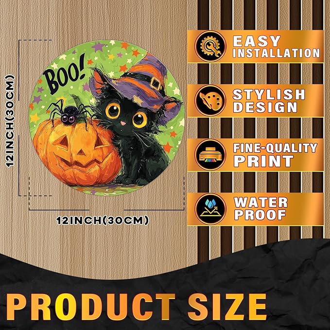 PEACHGARDEN Halloween Black Cat Round Metal Tin Sign Vintage Boo Decor Pumpkin Retro Wall Art Plaque Iron Painting 12x12inch