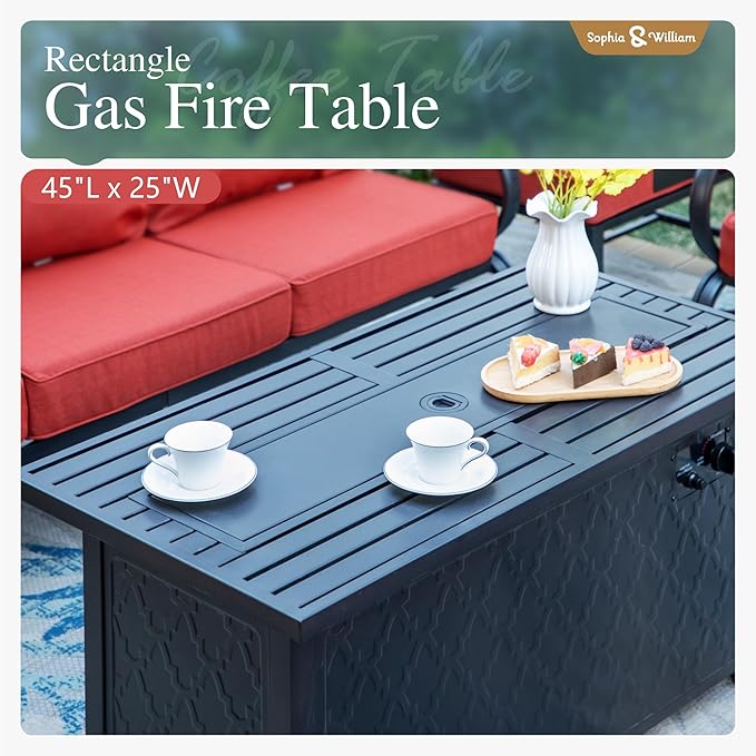 Sophia & William Patio Furniture Sets with 45" Gas Fire Pit Table for 7 Outdoor Conversation Sets 6 Pcs, 2 x Swivel Cushioned Sofa Chairs, 1x3-Seat Sofa, 2xOttomans for Backyard Poolside Red