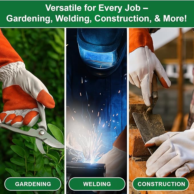 Long Sleeve Leather Gardening Gloves for Women & Men – Thornproof & Puncture Resistant Cowhide Welding Work Gloves