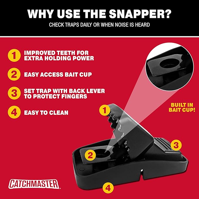 Catchmaster Snapper Mouse Traps 6-Pk, Mouse Traps Indoor for Home, Reusable Rodent Killer for House, Outdoor Critter Catcher, Eco Friendly Pest Control for Garage, Basement, & Kitchen